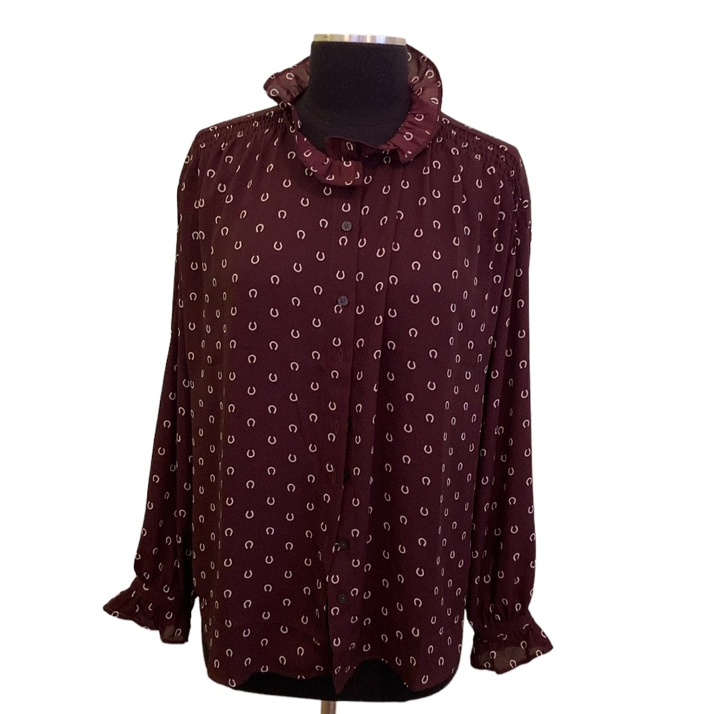 Ann Taylor Blouse Horseshoe Pattern Brown Ruffle Neck Cuffs Brown NWT